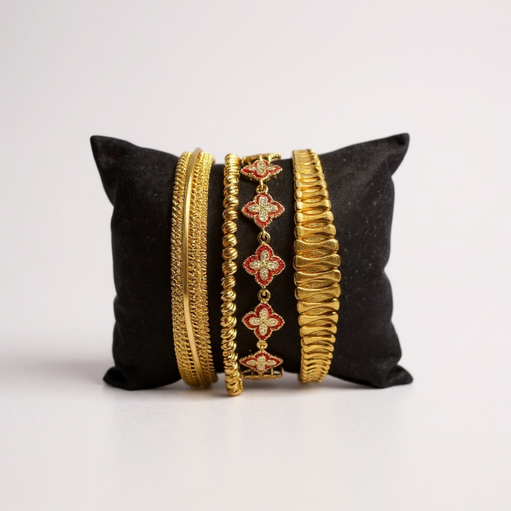 Gold bangles with intricate designs on a black pillow against a light gray background