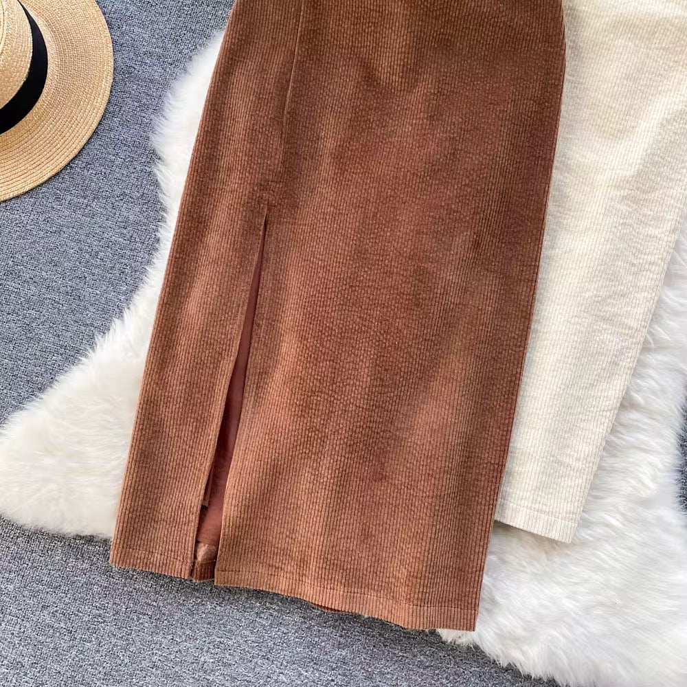 Corduroy Slit Fitted Skirt