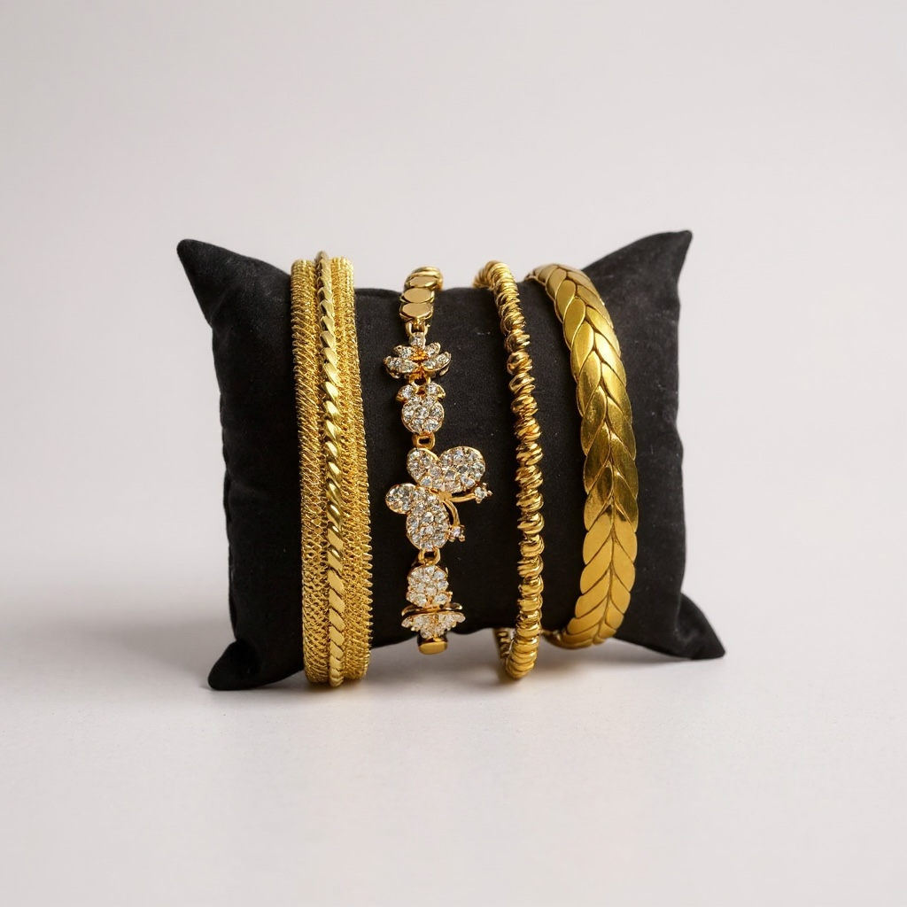 18K Gold-plated bracelets on a black pillow against a light gray background