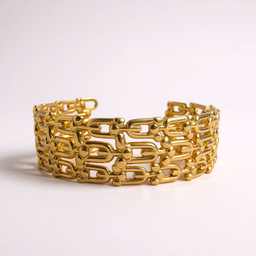 Gold chain bracelet on a light pink background