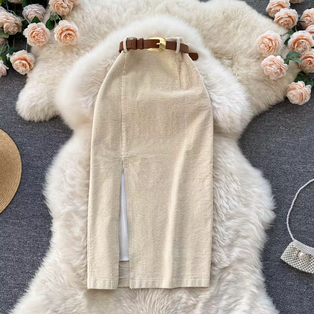 Corduroy Slit Fitted Skirt