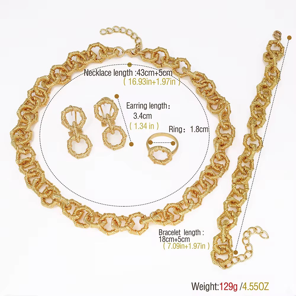 Gold jewelry set with necklace, earrings, ring, and bracelet, showing measurements and weight.
