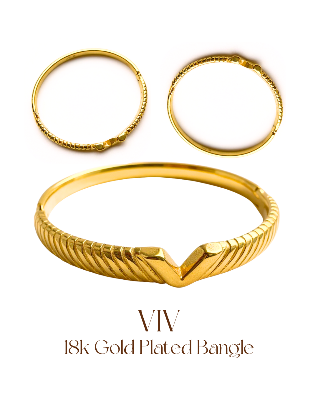 Gold-plated bangle with two smaller rings on a white background, featuring the brand 'VIV'.