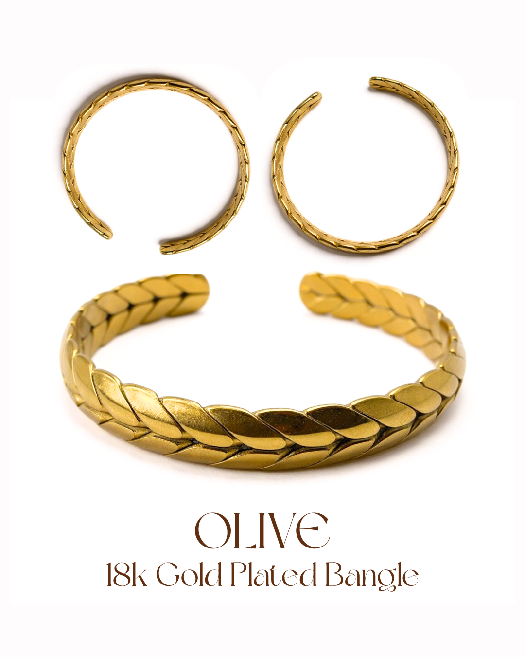Gold-plated bangle and hoop earrings on a white background with 'OLIVE' branding.