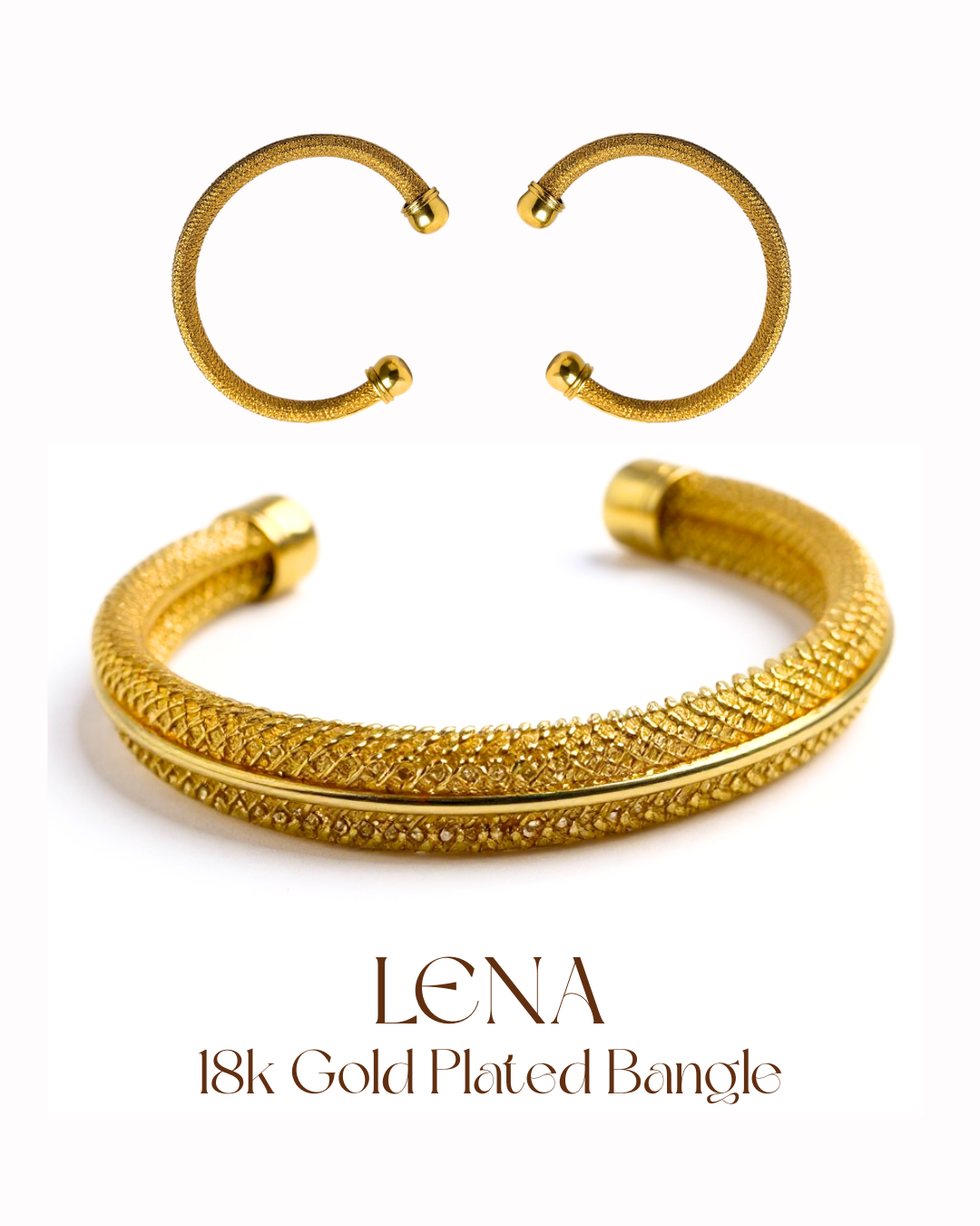 Gold-plated bangle with matching ear cuffs on a white background, branded 'LENA'.