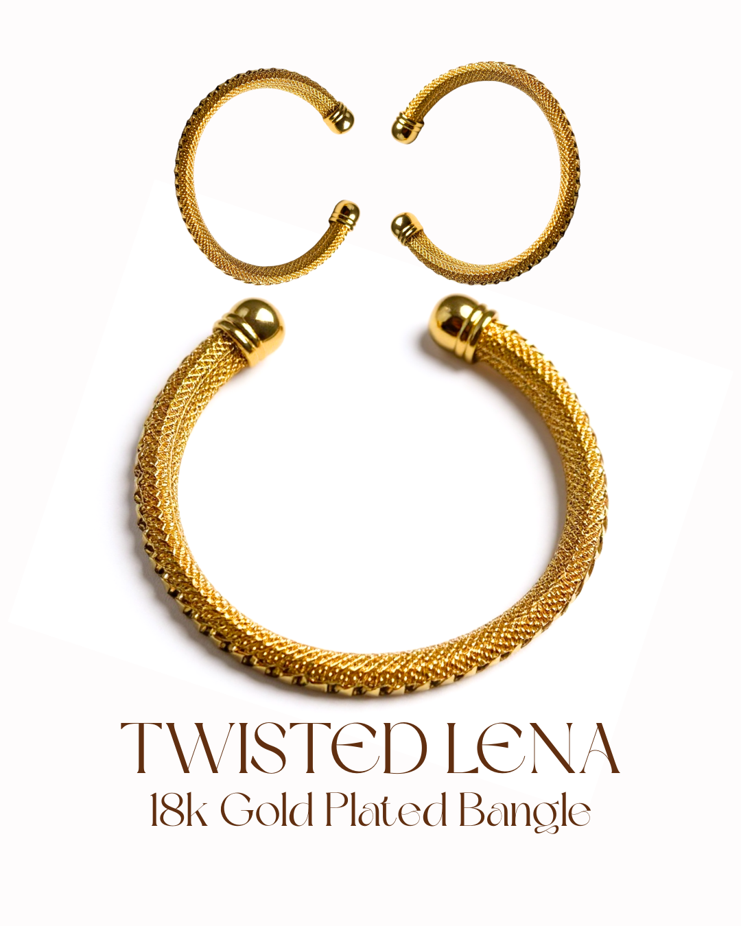 Gold twisted bangle with 'Twisted Lena' branding on a white background