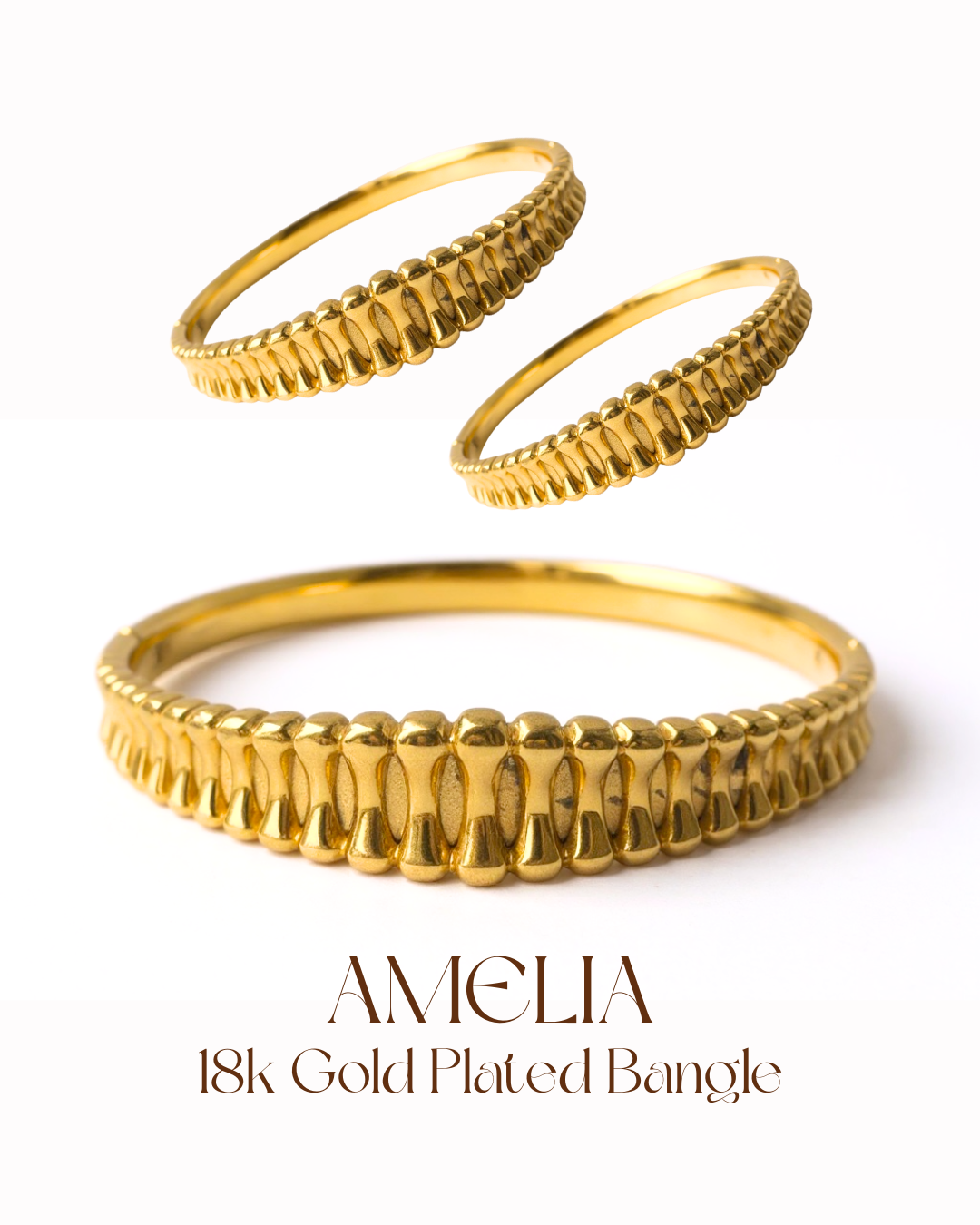 Gold-plated bangle on a white background with 'Amelia' branding.