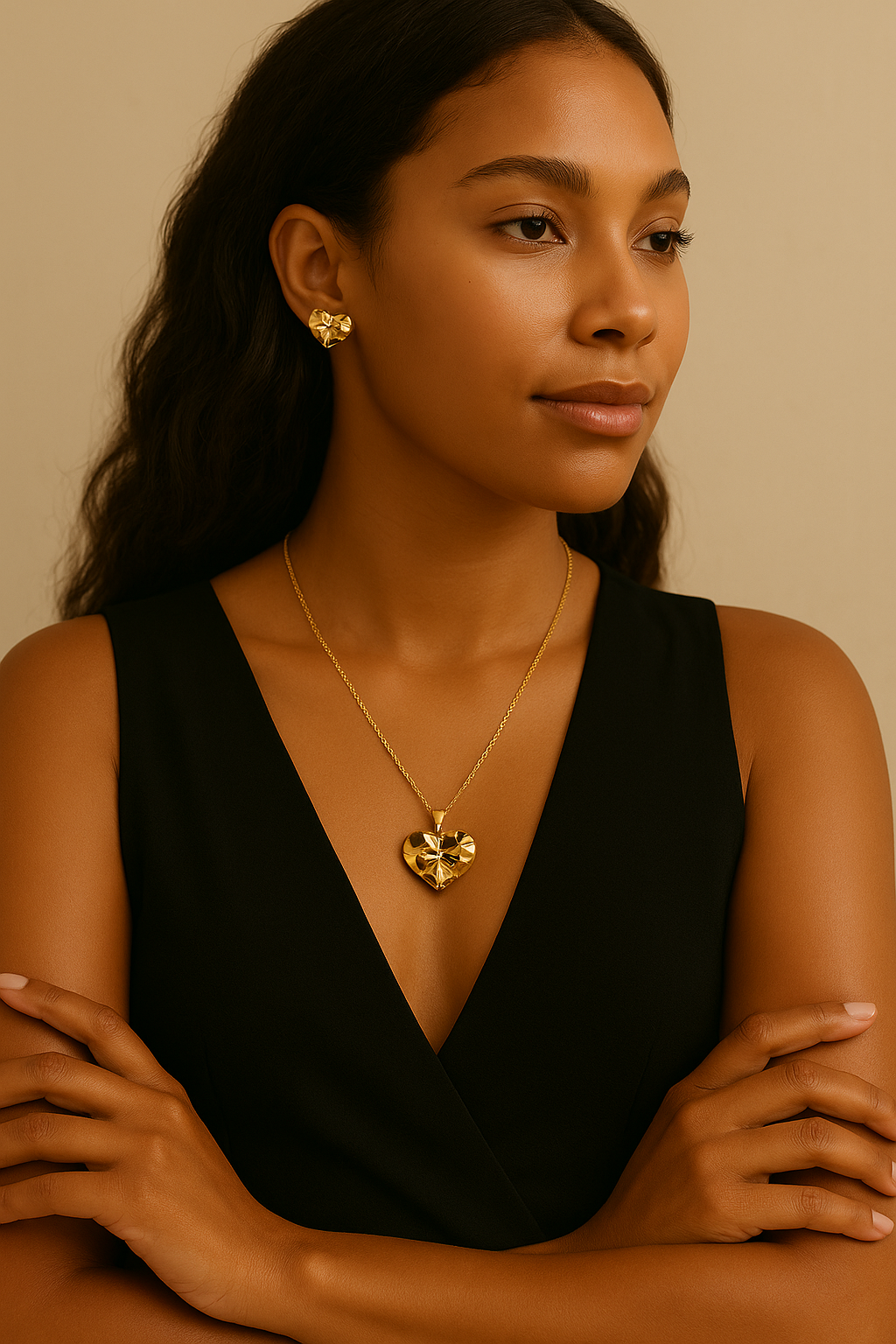 Woman wearing gold jewelry against a beige background