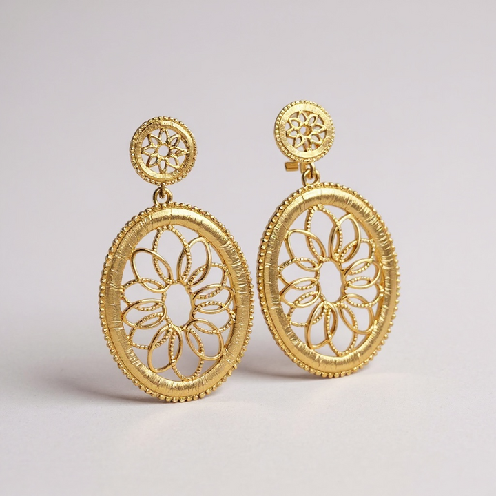 Aurora – The Golden Dawn | Gold-Plated Oval Filigree Earrings, Non-Tarnish Lightweight Jewellery for Women | GBL Accessories, UK