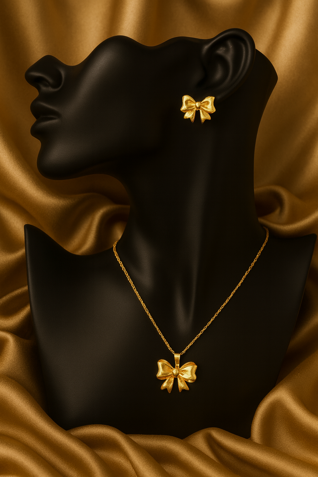 Gold bow necklace and earrings on a black mannequin against a brown fabric background