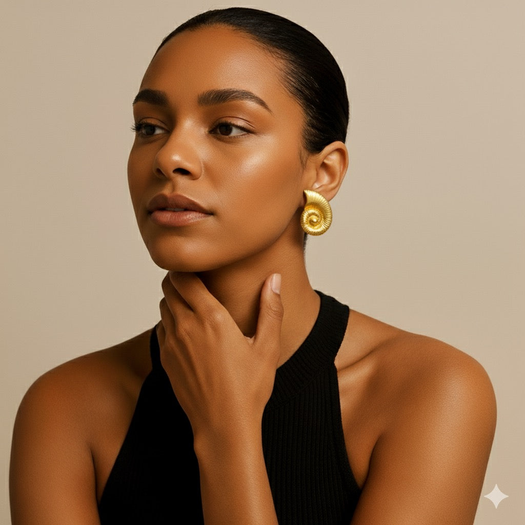 Woman wearing Aurelia gold-plated earrings against a beige background