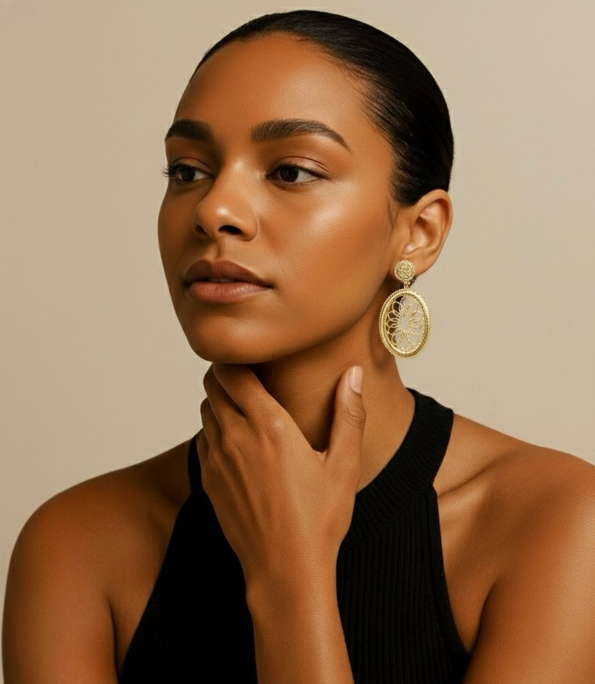 Aurora – The Golden Dawn | Gold-Plated Oval Filigree Earrings, Non-Tarnish Lightweight Jewellery for Women | GBL Accessories, UK