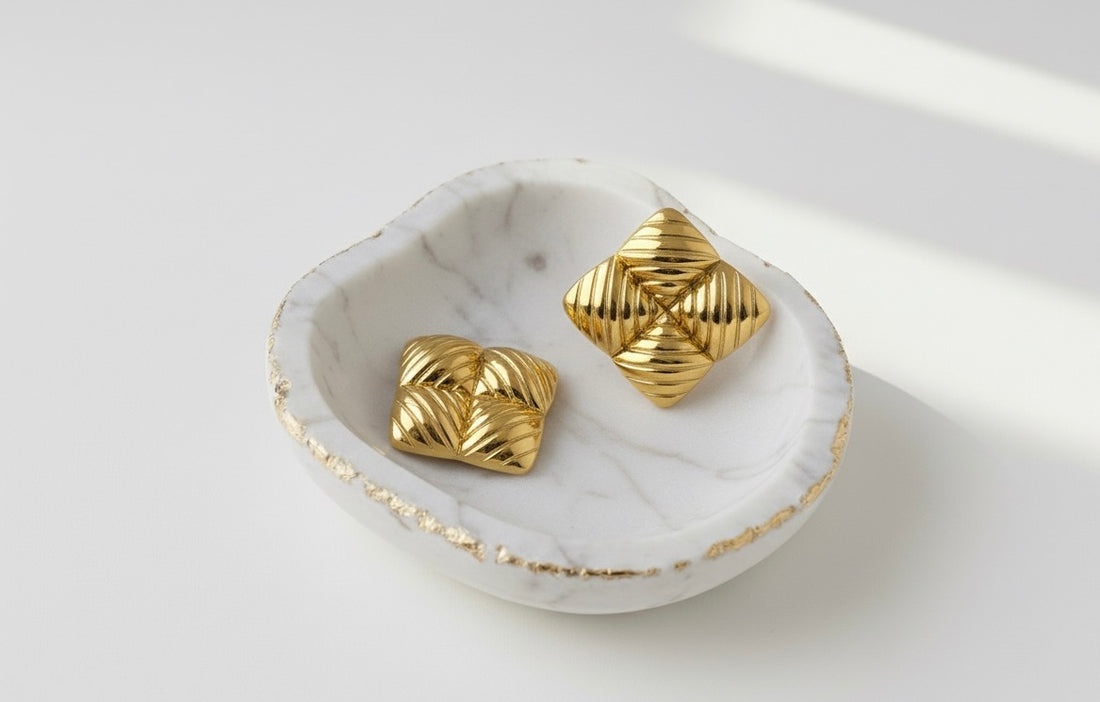 Tessa – Crown Geometry | Gold-Plated Diamond-Textured Stud Earrings, Non-Tarnish Lightweight Jewellery for Women | GBL Accessories, UK