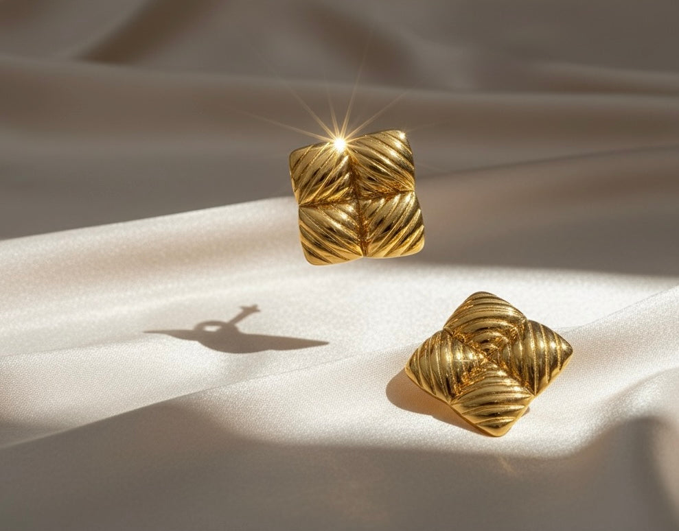 Tessa – Crown Geometry | Gold-Plated Diamond-Textured Stud Earrings, Non-Tarnish Lightweight Jewellery for Women | GBL Accessories, UK
