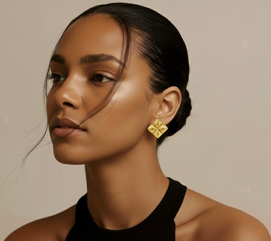 Tessa – Crown Geometry | Gold-Plated Diamond-Textured Stud Earrings, Non-Tarnish Lightweight Jewellery for Women | GBL Accessories, UK