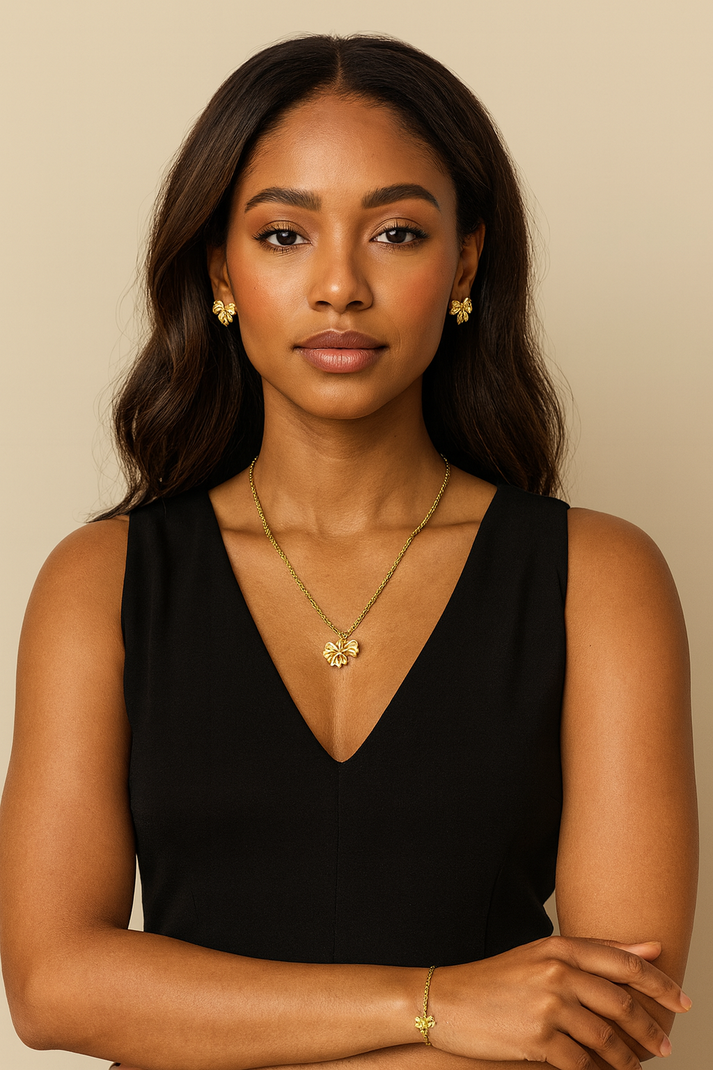 Woman wearing a black sleeveless top with gold jewelry against a beige background