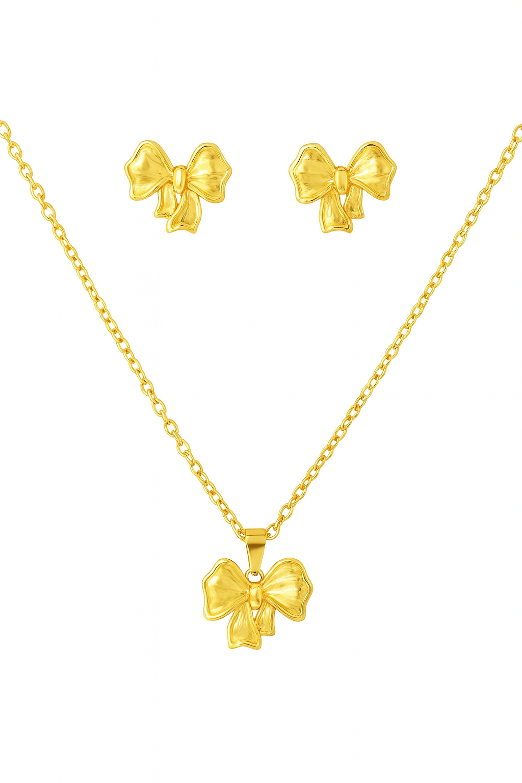 Gold bow-shaped necklace and earrings on a white background