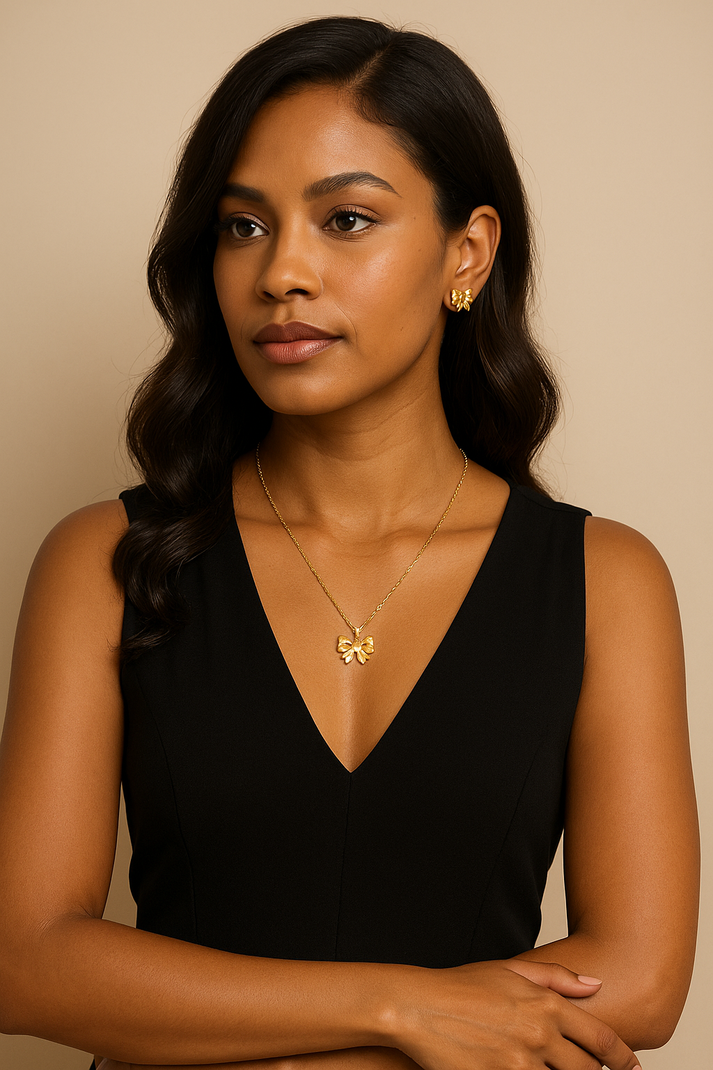 Woman wearing a black sleeveless top and gold jewelry against a beige background